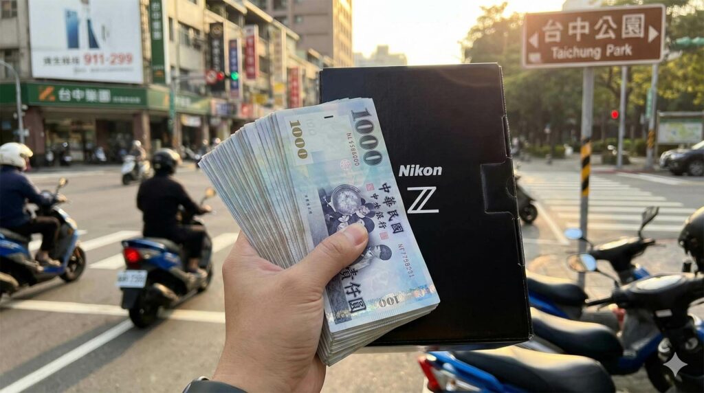 一隻手拿著厚厚的現金，旁邊放著 Nikon 相機盒裝，背景是台中市街景的模糊影像 / Hand holding a stack of cash next to a Nikon camera box, emphasizing cash for gear trade, taichung city blurred background.